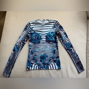 Jean Paul Gaultier Blue and White Striped Top with Rose Design